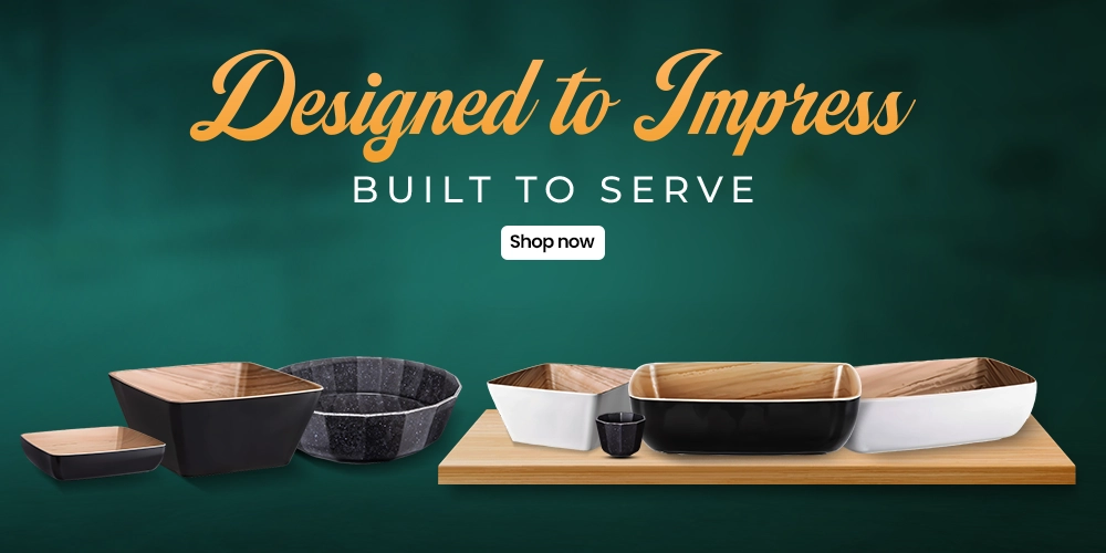 Banner showing a collection of buffet and serving ware including rectangular & square bowls in black, white, & tone textures, designand built to serve